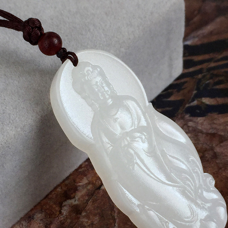 天然阿富汗白玉牌子站观音吊坠 挂件玉佩牌子玉石观音男女款