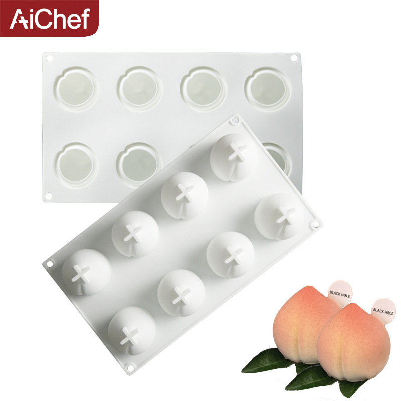 aichef 8连桃子硅胶模具仙桃寿桃水蜜桃法式慕斯西点甜点烘焙工具
