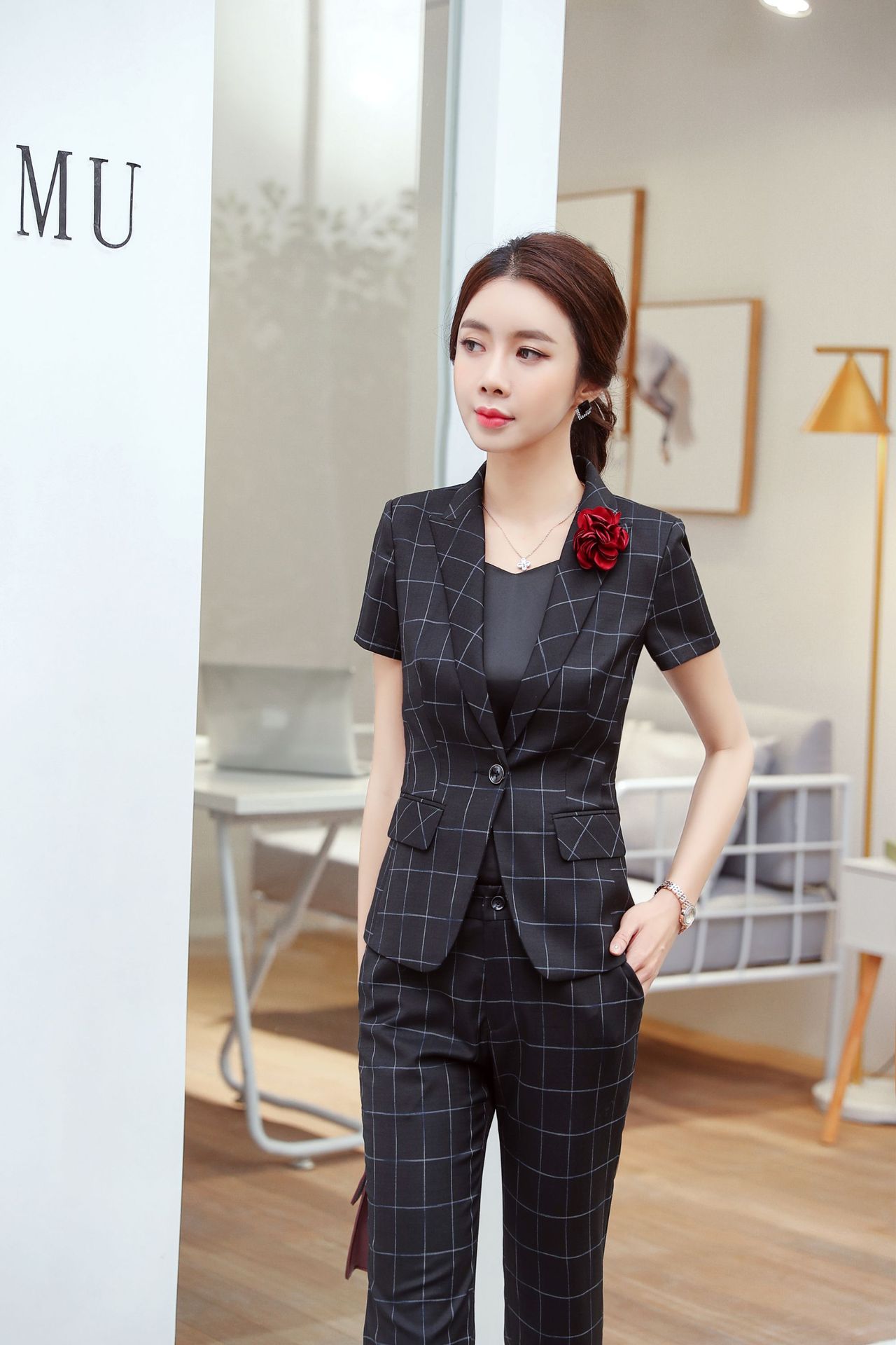 格子西装夏季时尚气质新款ol职业装套装女珠宝店工作服美容院工装