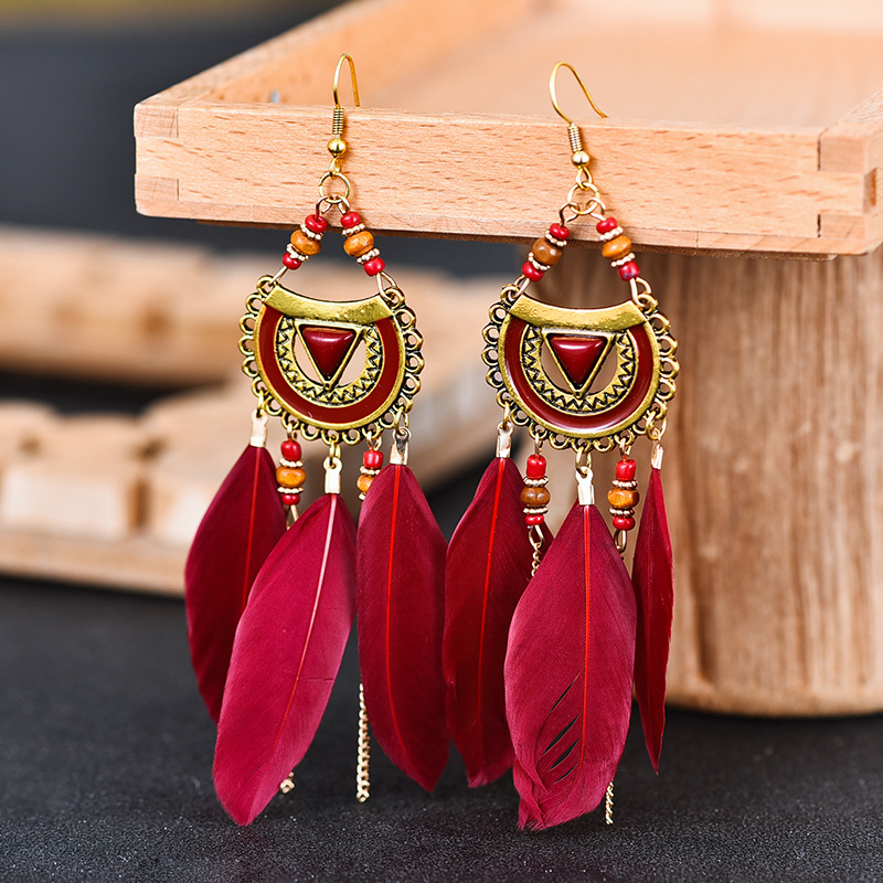 Wish Supply Semicircle Alloy Feather Earrings European and American Popular Long Bead Earrings with Turquoise Ethnic Style Jewelry