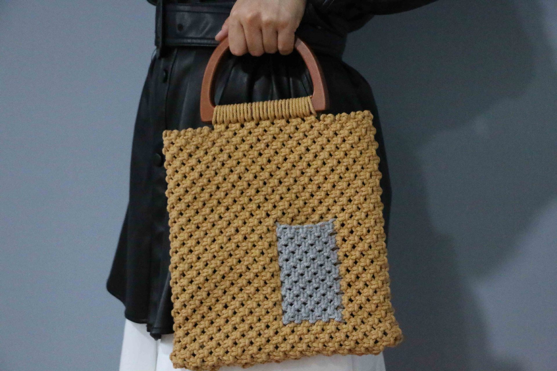 法式复古风 手工编织 多色简约时尚棉绳手提包包