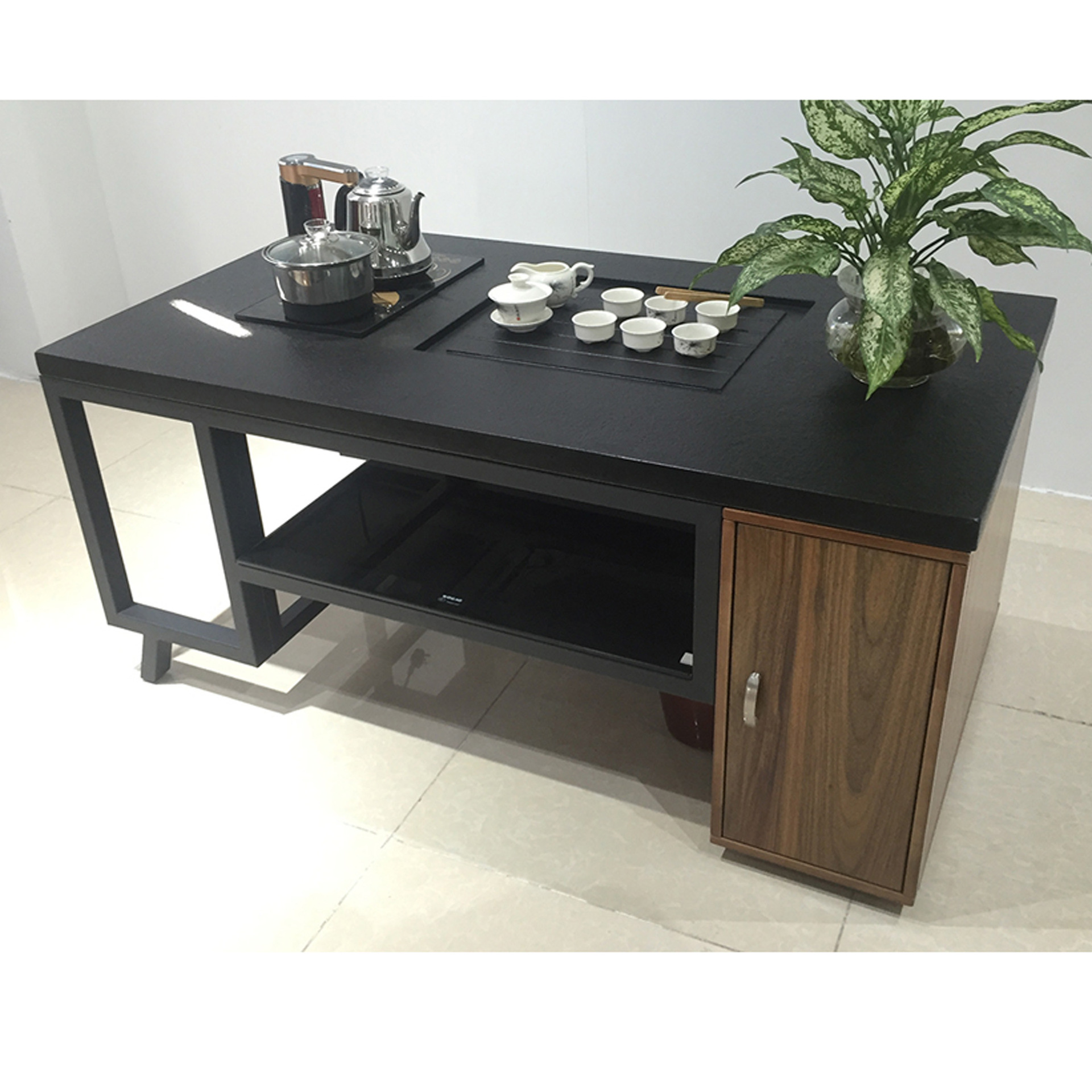 简约现代办公室客厅泡茶会客火烧石整体雕刻功夫茶几带电磁炉茶具