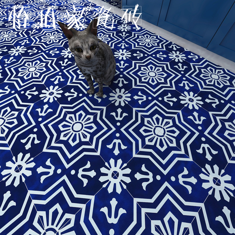 北欧蓝色拼花花砖复古小地砖餐厅厨房客厅防滑地砖卫生间浴室墙砖