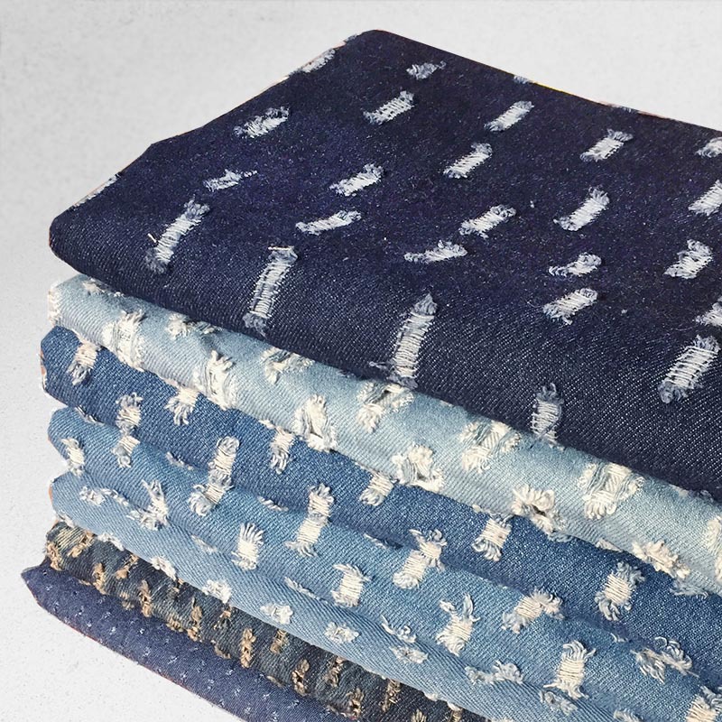 复古怀旧洗水牛仔布料 大小破洞牛仔格面料 10盎司扎染牛仔布面料