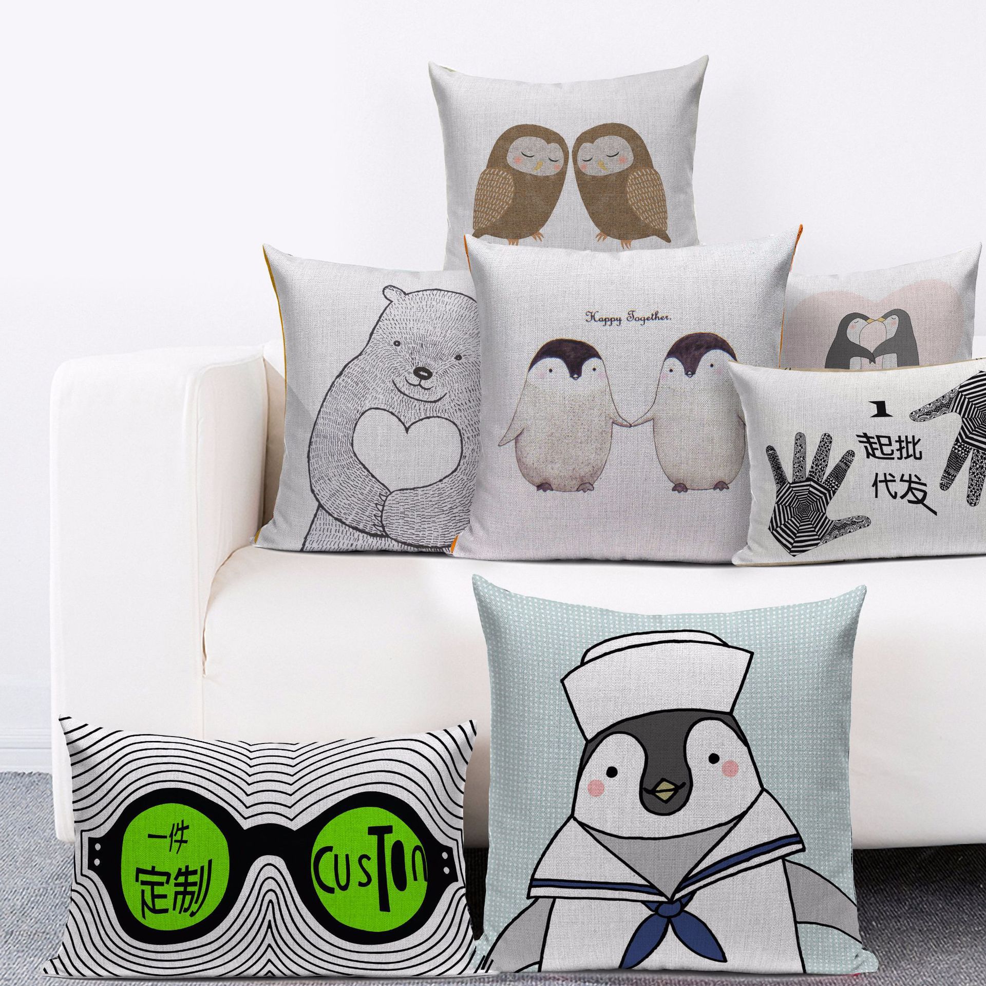 卡通抱枕套定制logo 企鹅猫咪狐狸亚麻pillow动物纹系沙发靠枕diy