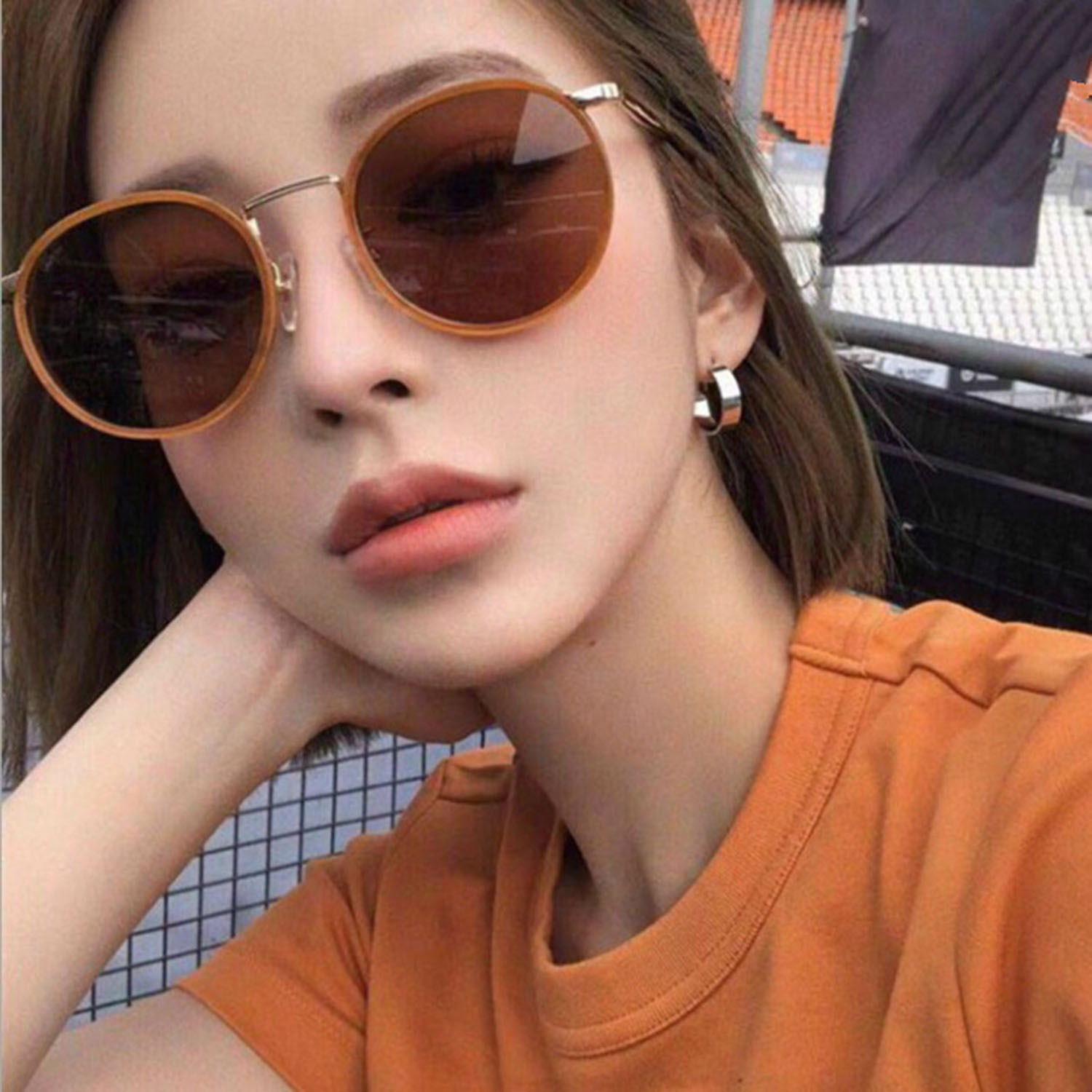 韩国ins超火的眼镜复古圆框小脸墨镜女韩版潮橘色网红街拍太阳镜