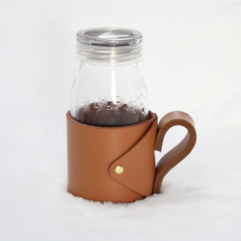 定制牛皮防烫玻璃杯套密封罐果汁奶昔饮料杯把手水杯皮套