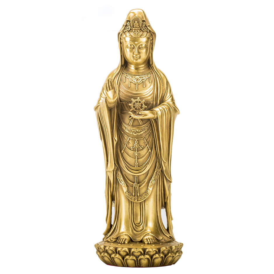 纯铜普陀山同款立莲南海观音佛像站像大号法轮观音菩萨像供奉摆件