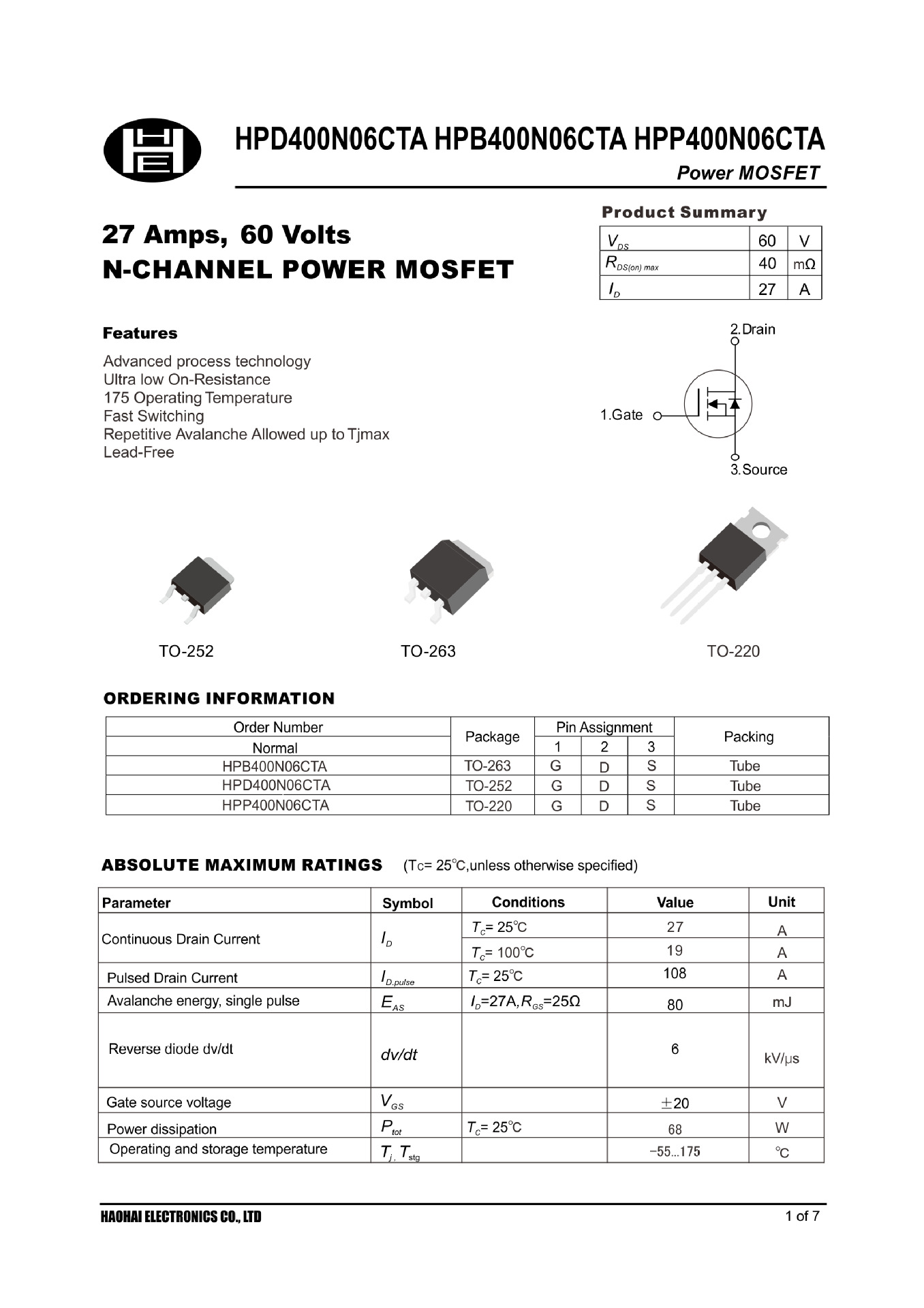 hpp400n06cta to-220 irfz24n irfz14n 27a 60v 场效应管