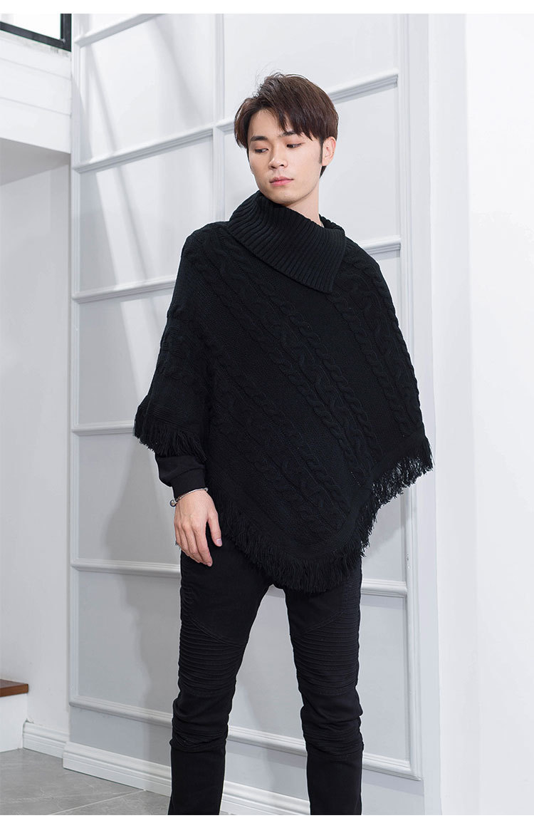 跨境外贸欧美日韩一件代发批发现货斗篷男披肩高领毛衣短款蝙蝠袖