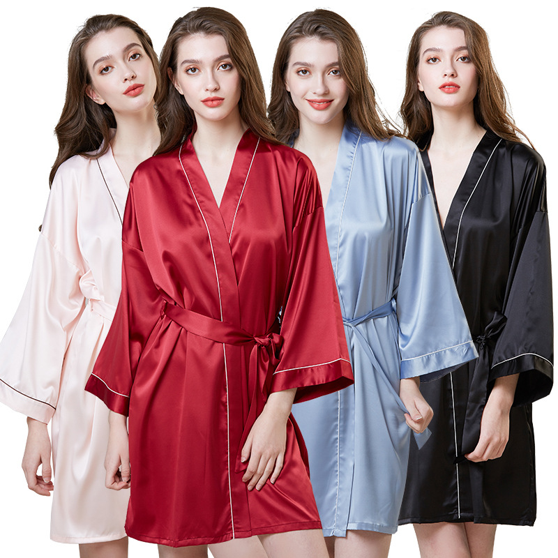 Hot-Selling Pajamas plus-Sized Emulation Silk Nightgown Women's Summer Long-Sleeved Morning Gowns Ice Silk Bath