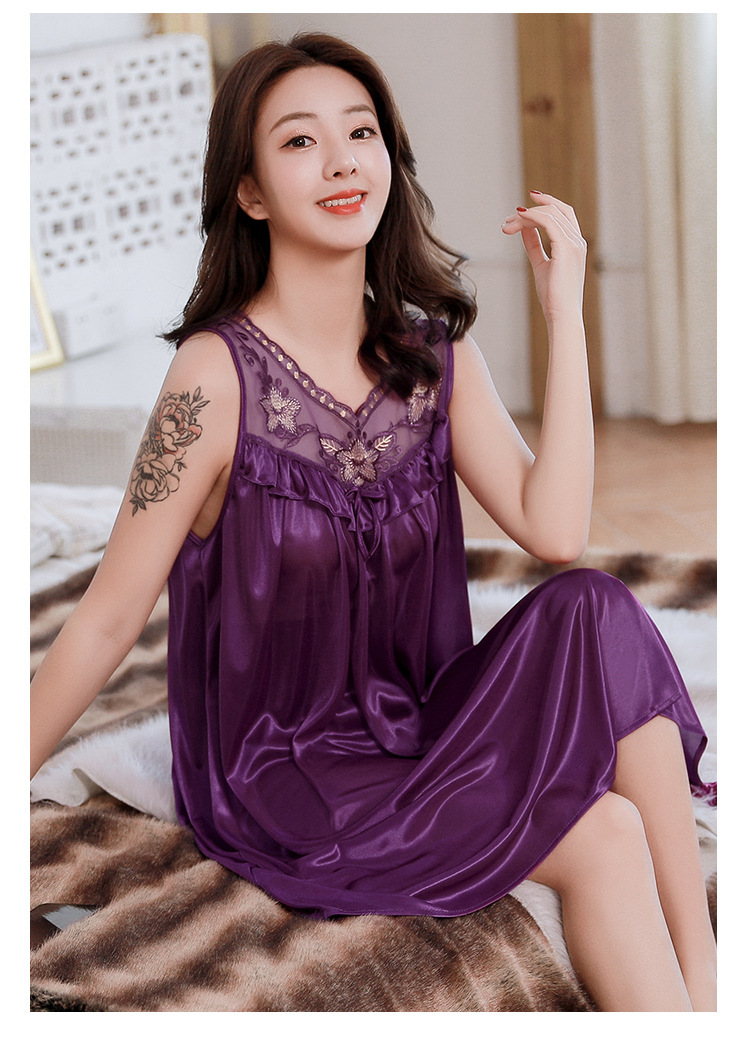 春夏季仿真丝睡裙女士性感情趣睡衣夏冰丝绸蕾丝大摆裙纯色家居服