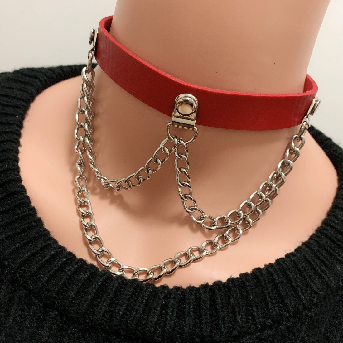 朋克锁骨链欧美流行暗黑皮革项圈非主流酒吧情趣流苏链条颈圈颈链