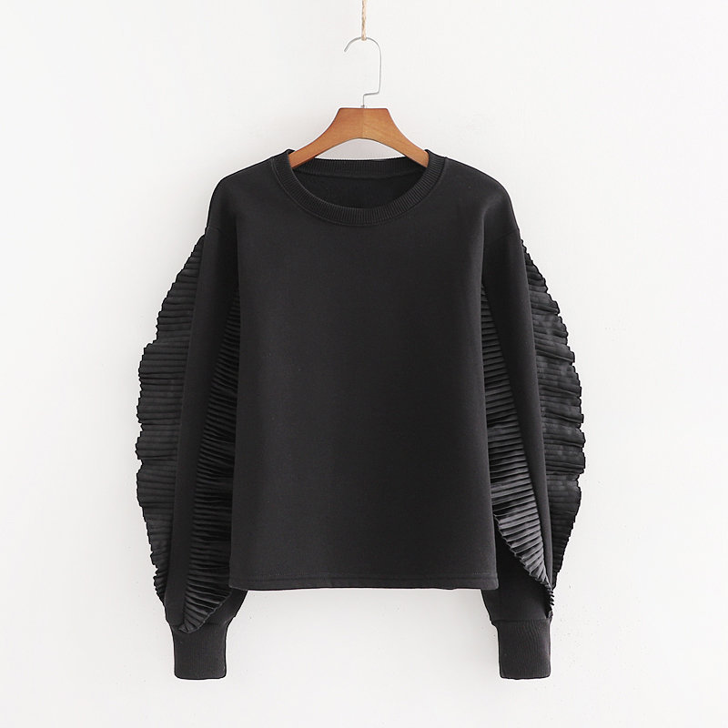 秋季新款女装欧美风圆领衣袖小打褶层叠装饰套头卫衣女式