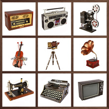 欧式复古美式乡村收音机录音机电视机铁艺模型摆件创意道具装饰品