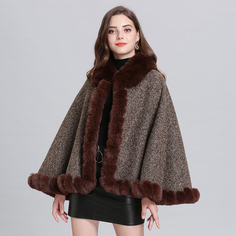 2021 Autumn and Winter New Fashion Lady Imitation Fox Fur Collar Fleece-Lined Knitting Cardigan Shawl Cape 1509#