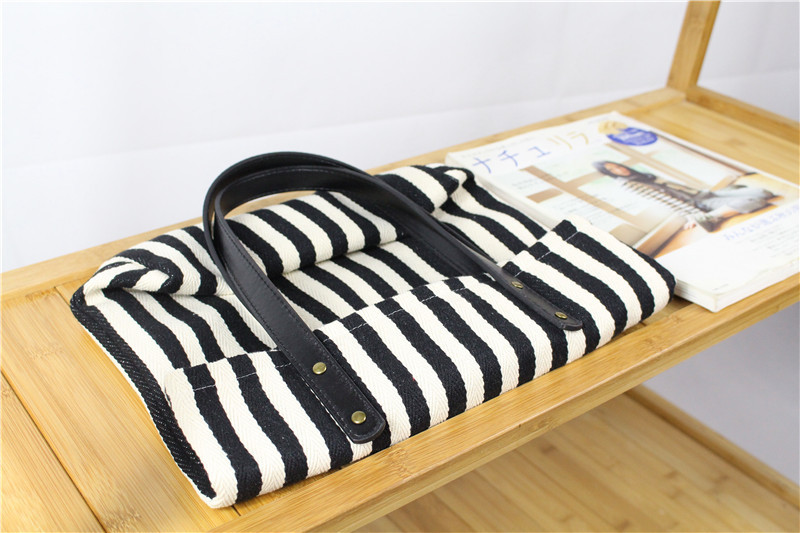 【归蝶布包】黑色条纹帆布单肩包皮带手提加厚加大韩版文艺百搭