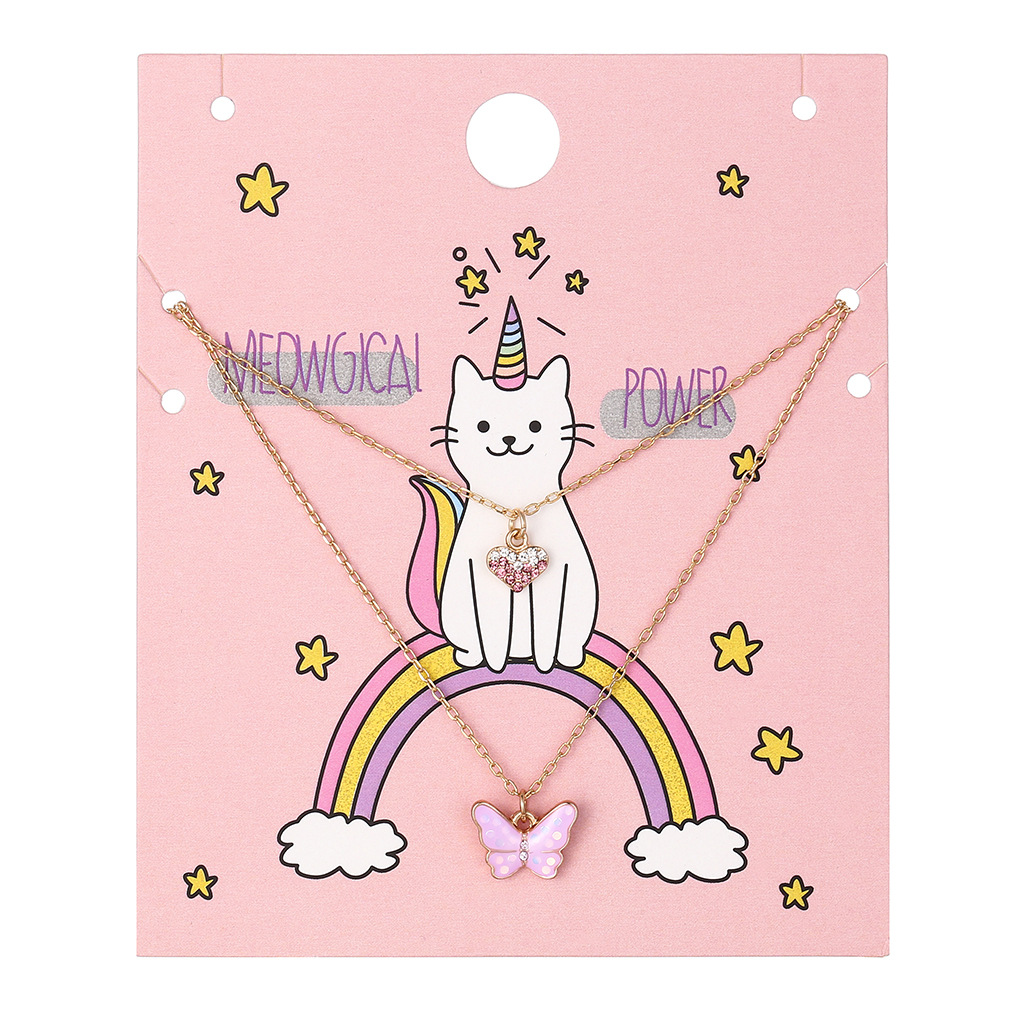 韩版甜美流行儿童项链饰品 糖果色卡通蝴蝶爱心多层合金滴油项链