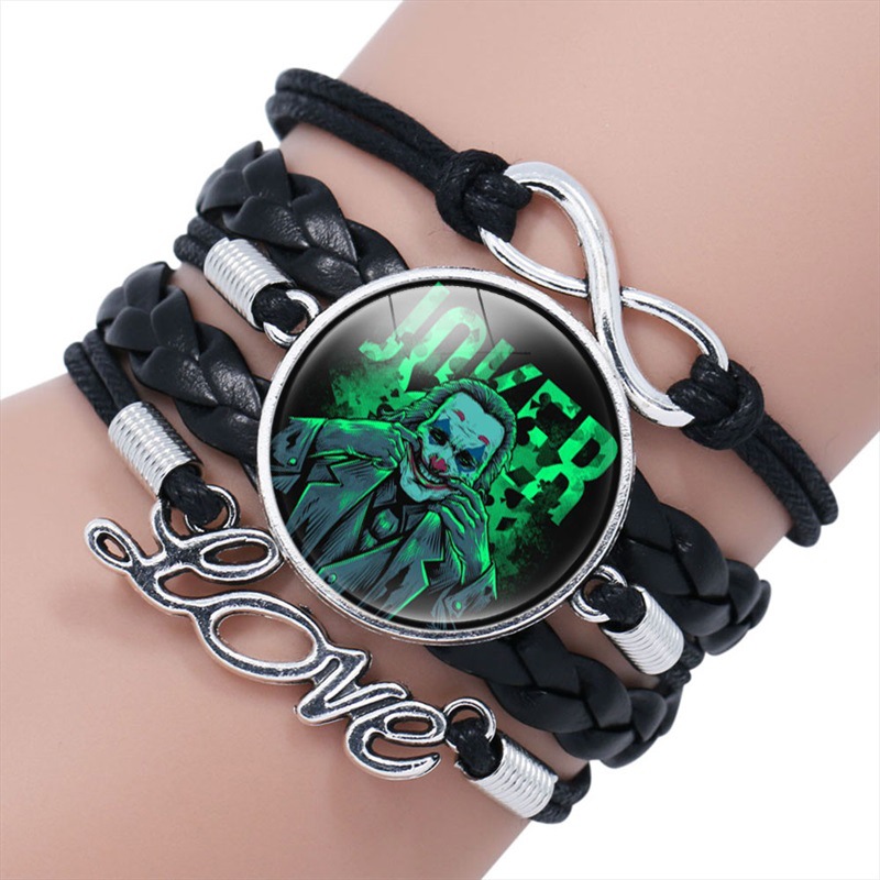 电影小丑joker黑色时光宝石皮革手串手环 欧美多层手工编制手链