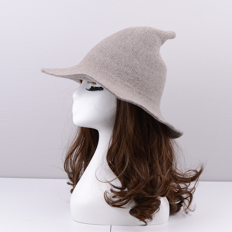 万圣节新款女巫尖尖帽秋冬羊毛可折叠帽子女潮针织尖顶魔法帽子