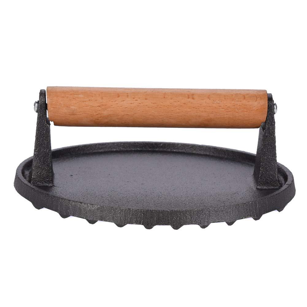 铸铁烧烤压肉工具压肉板压肉器户外铸铁圆形压肉板bbq木柄压肉板