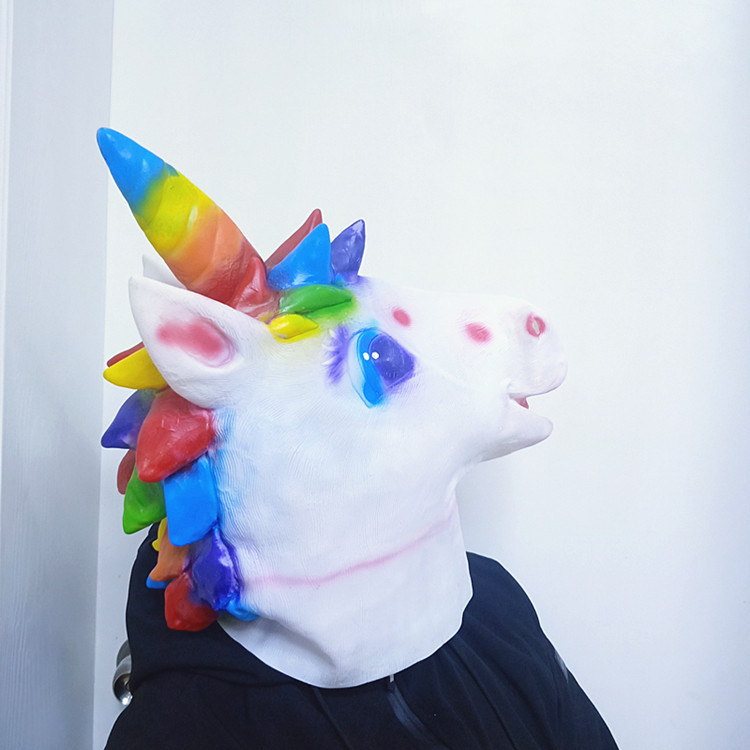 独角兽面具彩虹独角兽头套七彩马头万圣节动物头套乳胶恐怖面具派