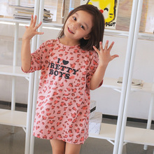 2024夏季韩版童装女童豹纹T恤女宝宝棉质连衣裙儿童中长款短袖