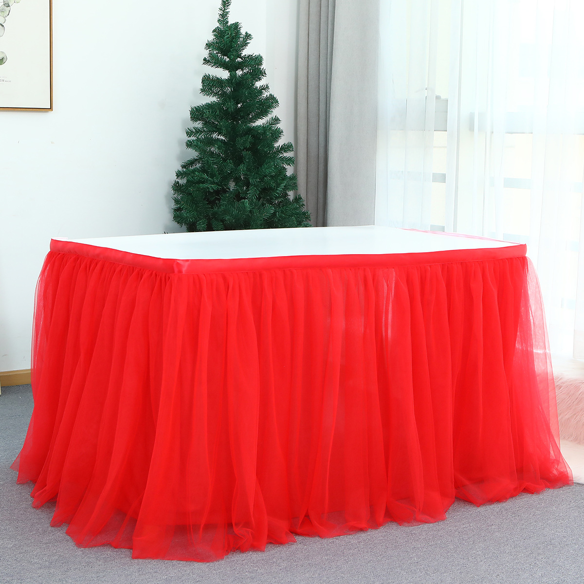 Amazon Hot Tutu Yarn Table Skirt Birthday Party Halloween Dessert Table Mesh Pleats Table Skirt