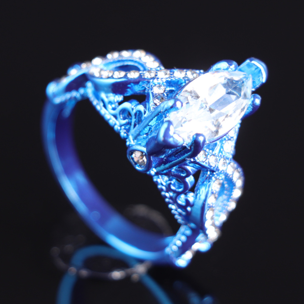 wish热销新款首饰 欧美时尚蓝金女戒 高档锆石镀真金戒指饰品批发