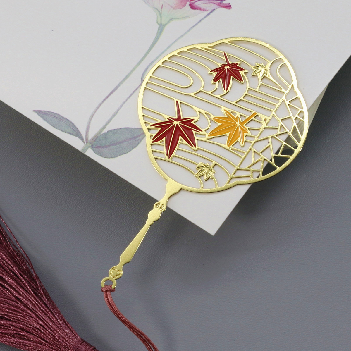 枫叶金属艺术扇面流苏创意黄铜文艺清新礼品书签秋之枫叶雅致书签