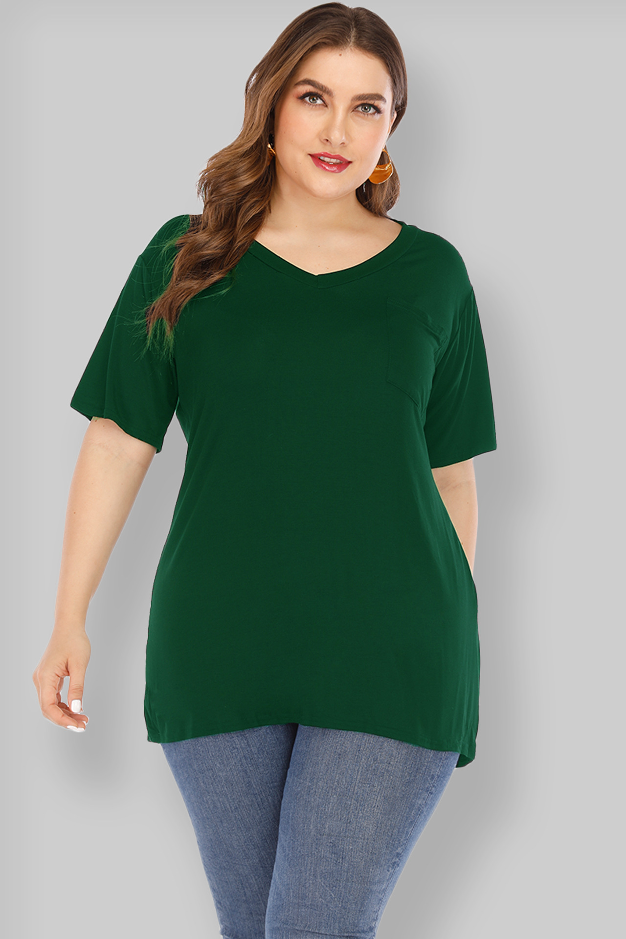 胖mm大码女装t恤v领纯色亚马逊速卖通ebaywish爆款大码打底t恤女