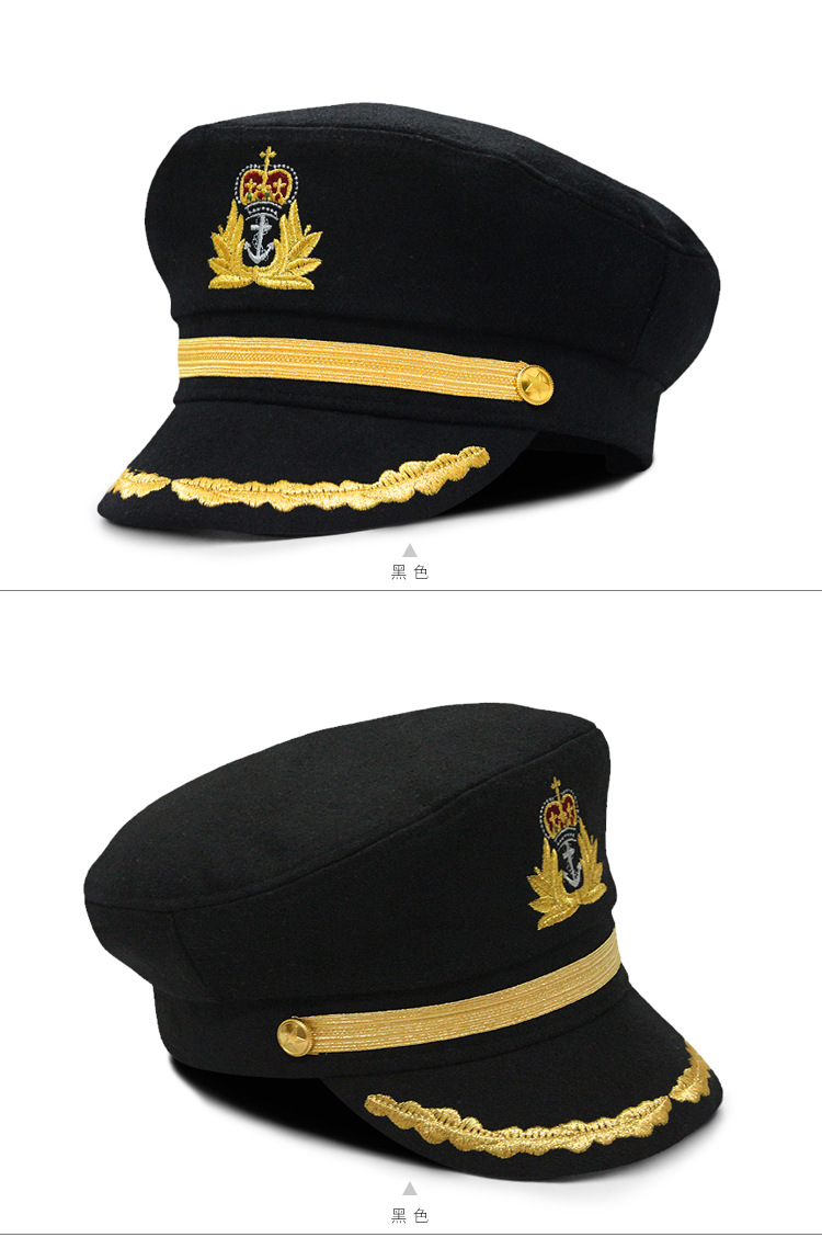 金线麦穗刺绣船长帽 男女秋冬毛呢复古海军帽 英伦帽可调节平顶帽