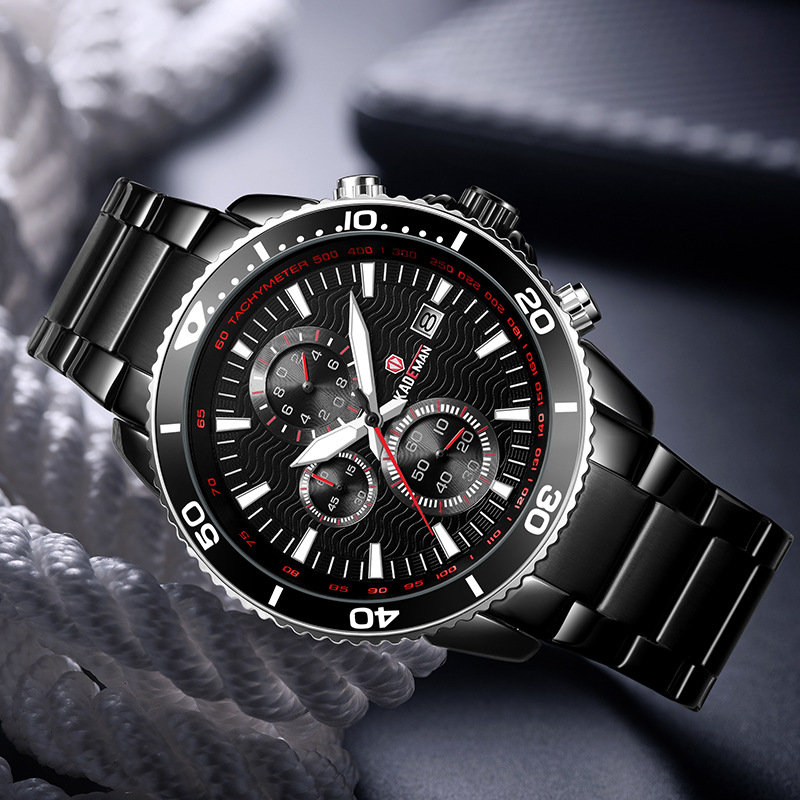 kademan卡德曼男士手表真皮表带多功能三眼运动防水石英手表861