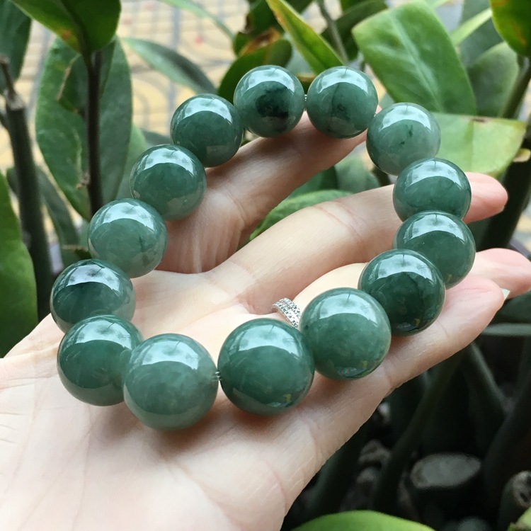 厂价批发 缅甸翡翠 冰糯种油青圆珠手链 男款大圆珠手链