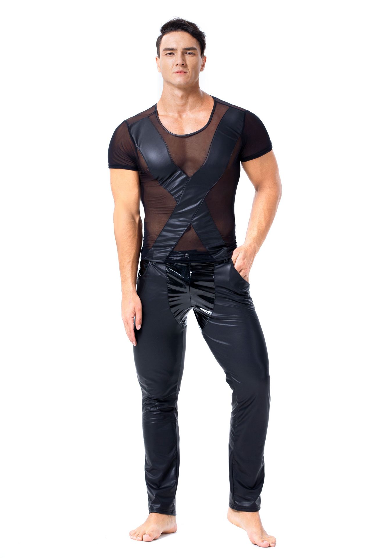 摇滚演出皮裤欧美男士拼接性感皮质长裤紧身漆皮男装6028