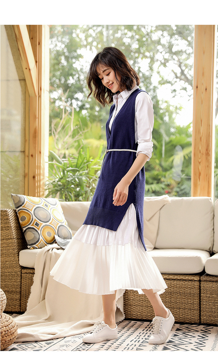 新款v领长款针织马甲 女侧开叉宽松坎肩裙 无袖针织连衣裙