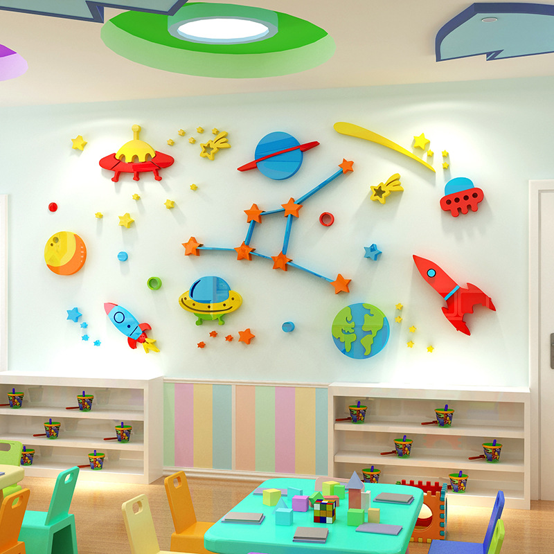 科技实验室文化墙贴幼儿园科学区太空宇宙飞船教室墙面装饰儿童房