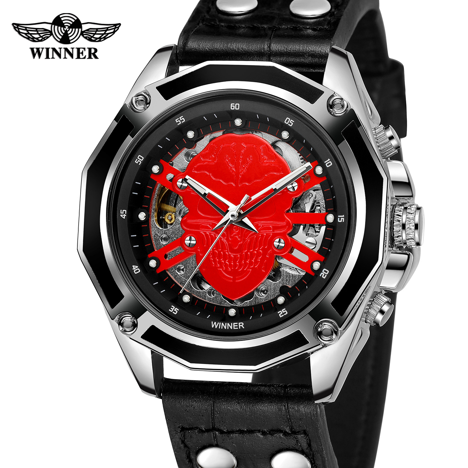 winner 欧美风范男士时尚休闲皮带镂空骷髅头防水 自动机械手表