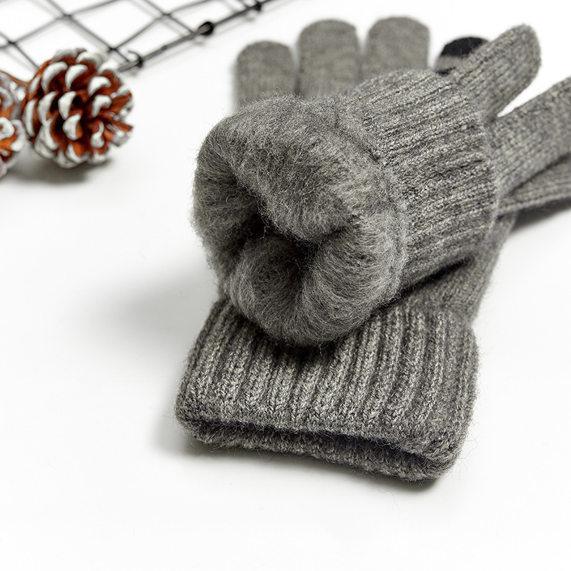 男士针织手套全指骑车防寒保暖分指手套毛线加绒加厚触屏手套男士