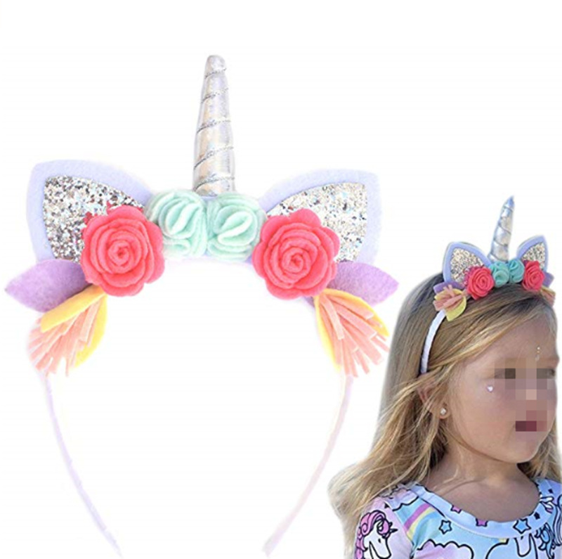 2023 Cross-Border New Arrival Ornament Unicorn Headband Cute Flowers Little Girl Head Buckle Onion Powder Sequins Children's Headband