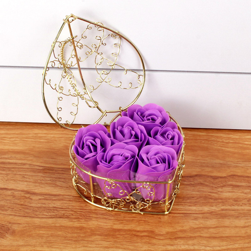 Wholesale Women's Day Gift 6 Roses Soap Flower Iron Basket Creative Festival Promotional Supplies Artificial Flowers