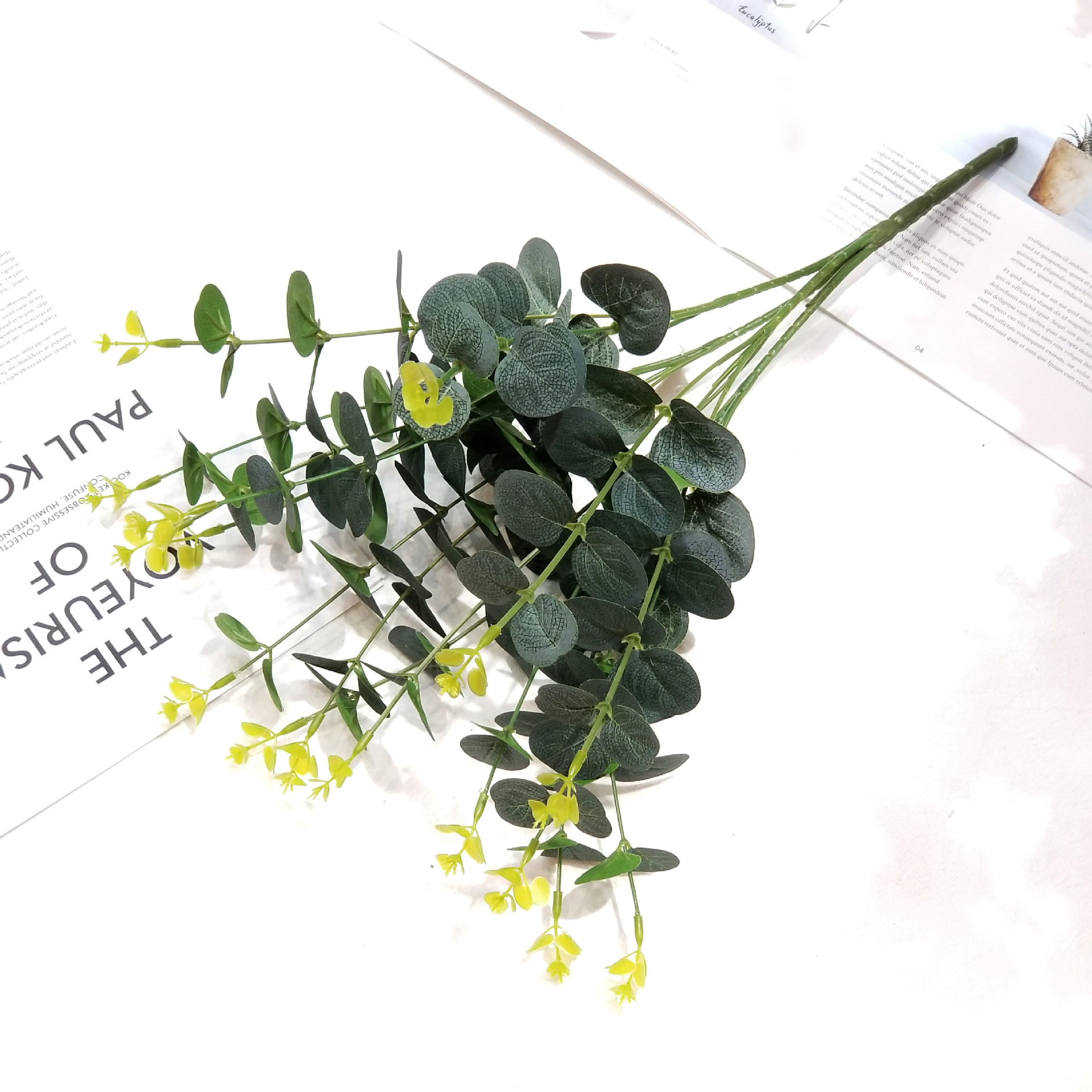 16叉丝印绿色尤加利把束多头圆叶金钱叶外贸artificial flower