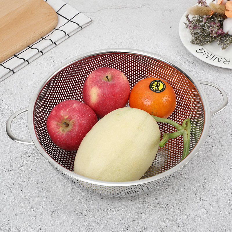 Factory Direct Supply Stainless Steel Punching Basket Steel Drain Basket Household Multi-Size Rice Washing Fruit and Vegetable Basket Drip Basin