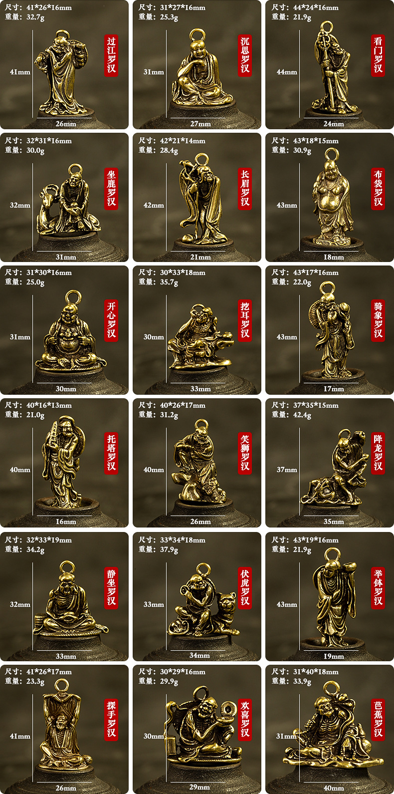黄铜十八罗汉佛像复古小铜器实心做旧钥匙扣挂件挂饰吊坠厂家批发