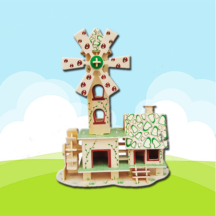儿童益智玩具 3d立体木质拼图玩具 启教椴木仿真风车小屋居家装饰