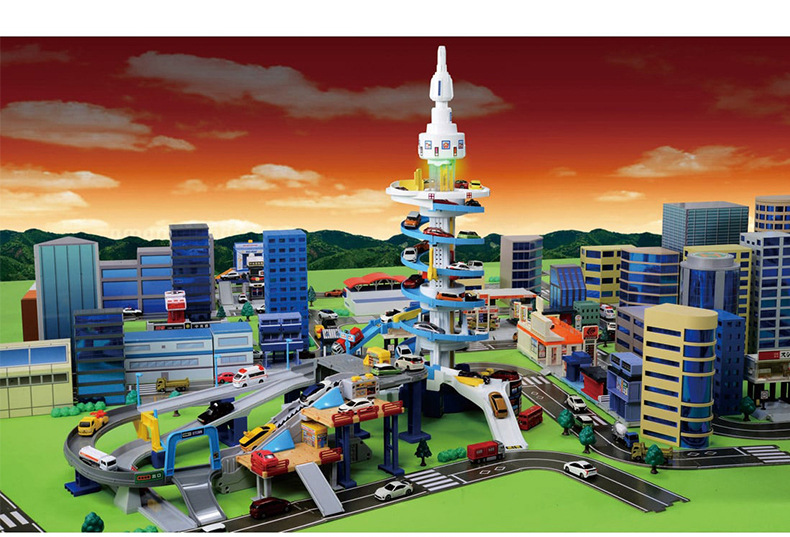 tomy多美卡彩虹塔立体汽车大楼停车场声光升降电动轨道玩具148692