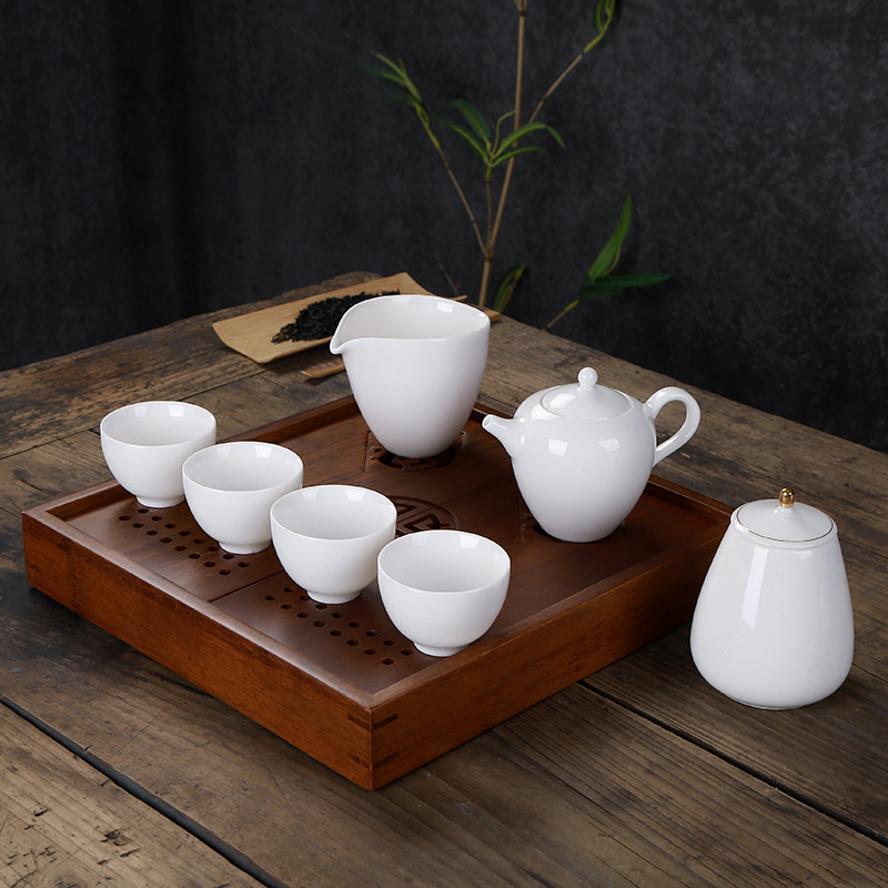 羊脂玉瓷功夫茶具套装重竹盘白瓷八件套提梁壶礼盒商务礼品