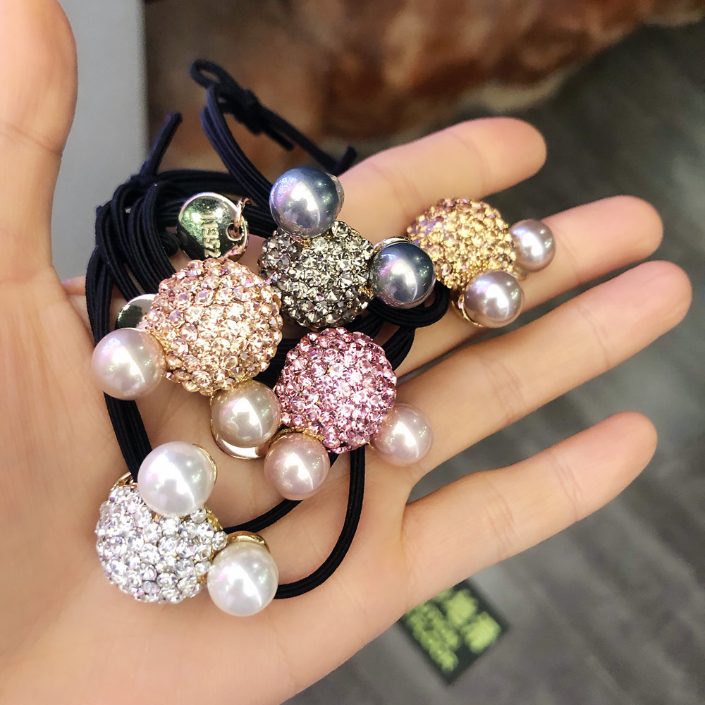 c052镶钻超闪满钻猫咪发圈可爱高亮珍珠双层弹力头绳韩国东大门款