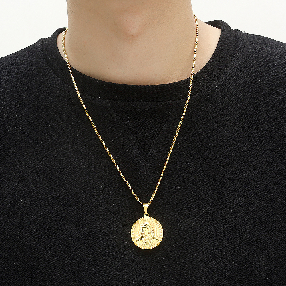 hiphop圣母玛利亚钛钢金币圆牌头像吊坠时尚嘻哈男女不锈钢项链