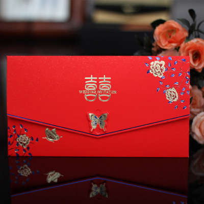 创意立体蝴蝶结婚请帖信封邀请函中式烫金请柬婚礼喜帖批发